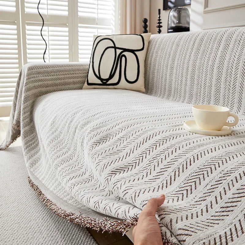 High Quality Waterproof Chenille Sofa Cover Cloth Green Striped Sofa Cushion Four Season Universal 3  Seat All Inclusive Blanket