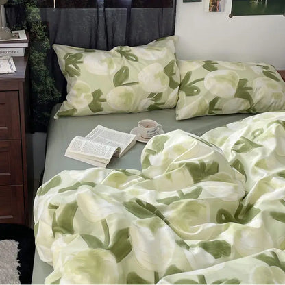 Green Grid Duvet Cover Set Ins Soft Bed Sheet Pillowcases No Filler Twin Queen Size New Spring Adult Kids Bedding Linens