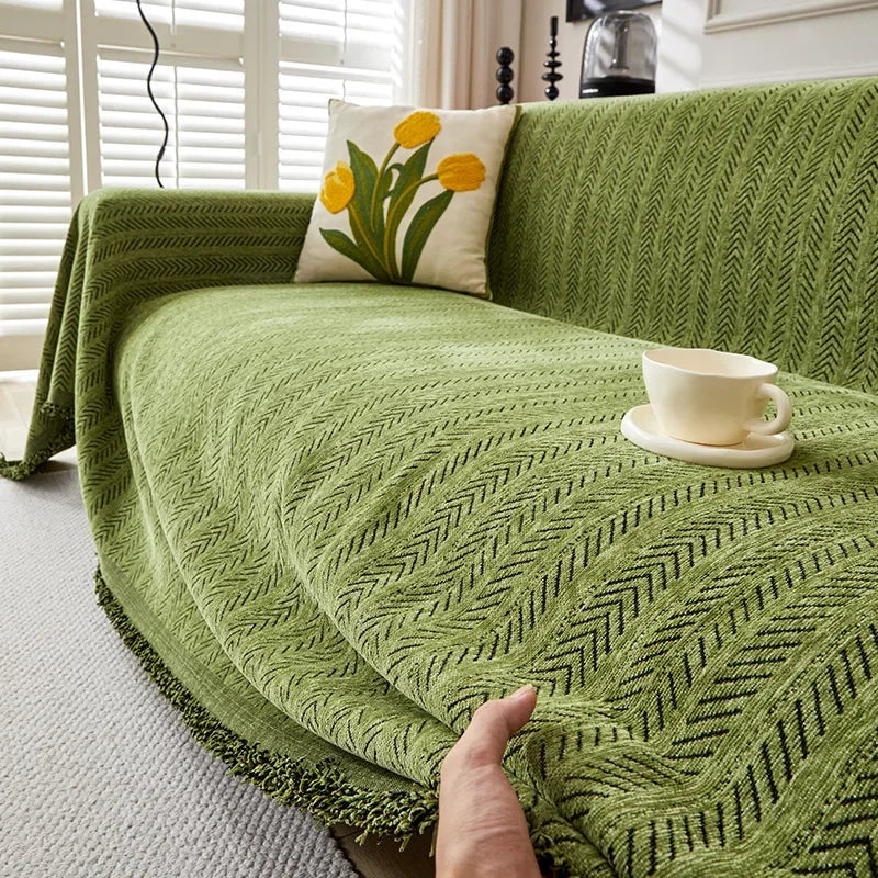 High Quality Waterproof Chenille Sofa Cover Cloth Green Striped Sofa Cushion Four Season Universal 3  Seat All Inclusive Blanket