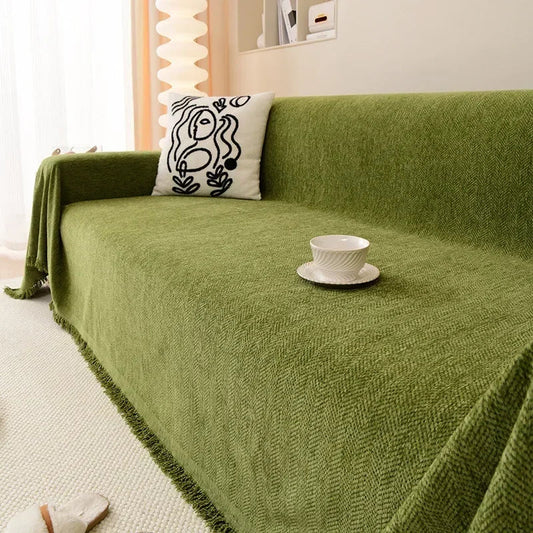 High Quality Waterproof Chenille Sofa Cover Cloth Green Striped Sofa Cushion Four Season Universal 3  Seat All Inclusive Blanket