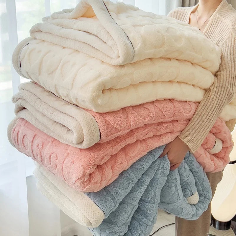 Knitted Heart Pattern Warm Throw Blankets Winter Soft Comfortable Double Sided Plush Thick Coral Velvet Blanket for Bed Safa