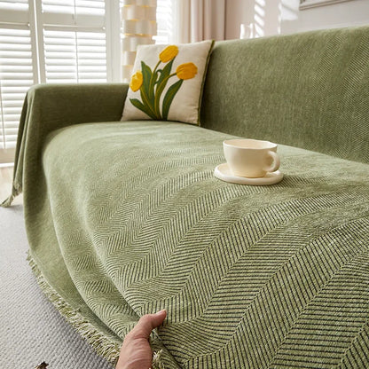 High Quality Waterproof Chenille Sofa Cover Cloth Green Striped Sofa Cushion Four Season Universal 3  Seat All Inclusive Blanket