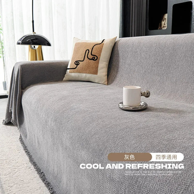 High Quality Waterproof Chenille Sofa Cover Cloth Green Striped Sofa Cushion Four Season Universal 3  Seat All Inclusive Blanket