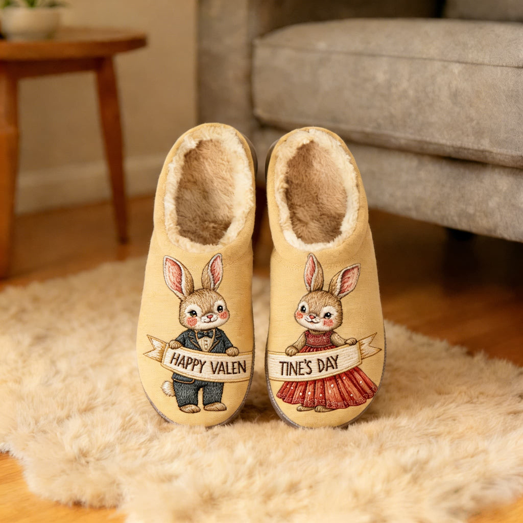 Cuddle Buddy Valentine Bunny Couple Embroidery Plush Printed Slippers