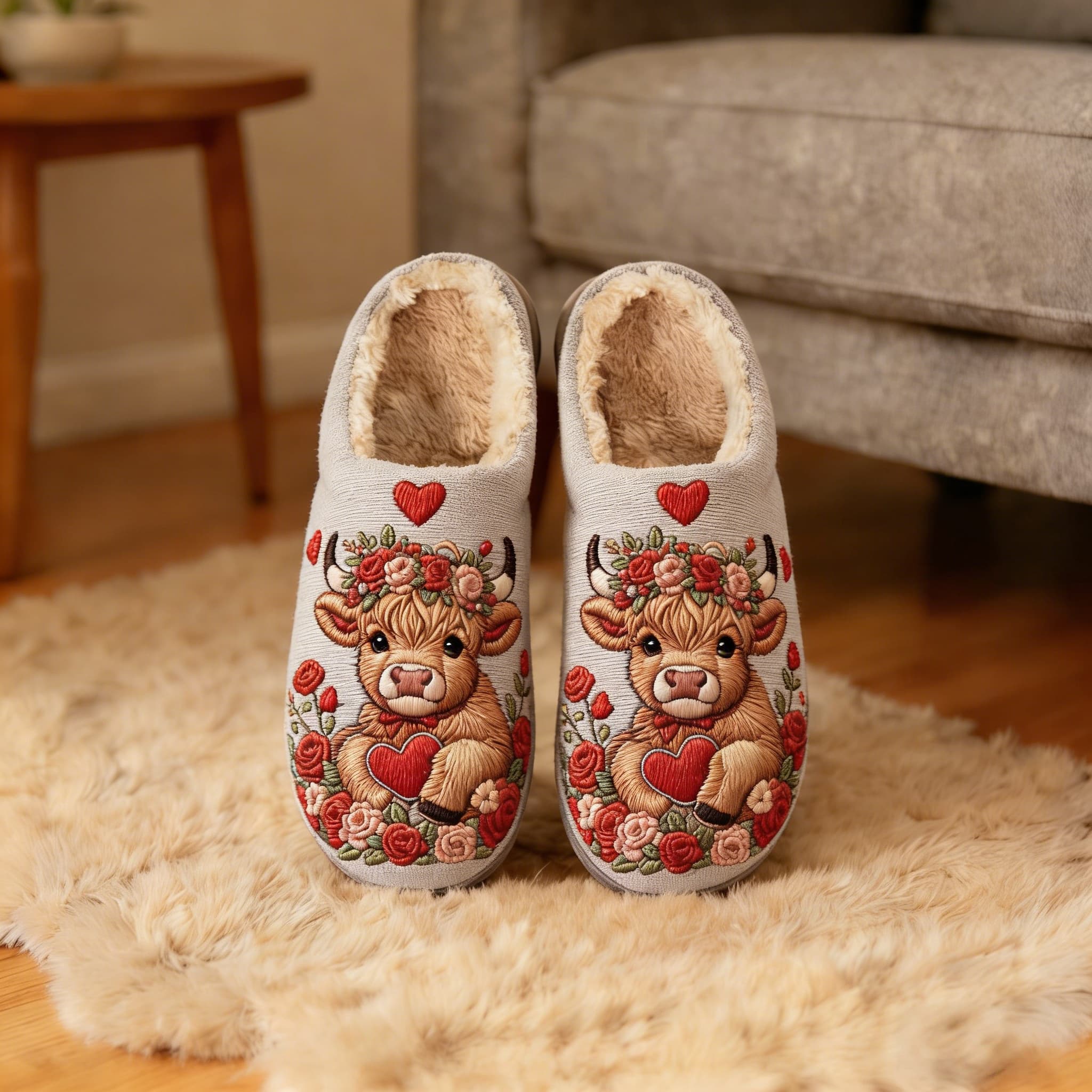 Floral Crown Highland Cow Heart Embroidery Plush Printed Slippers