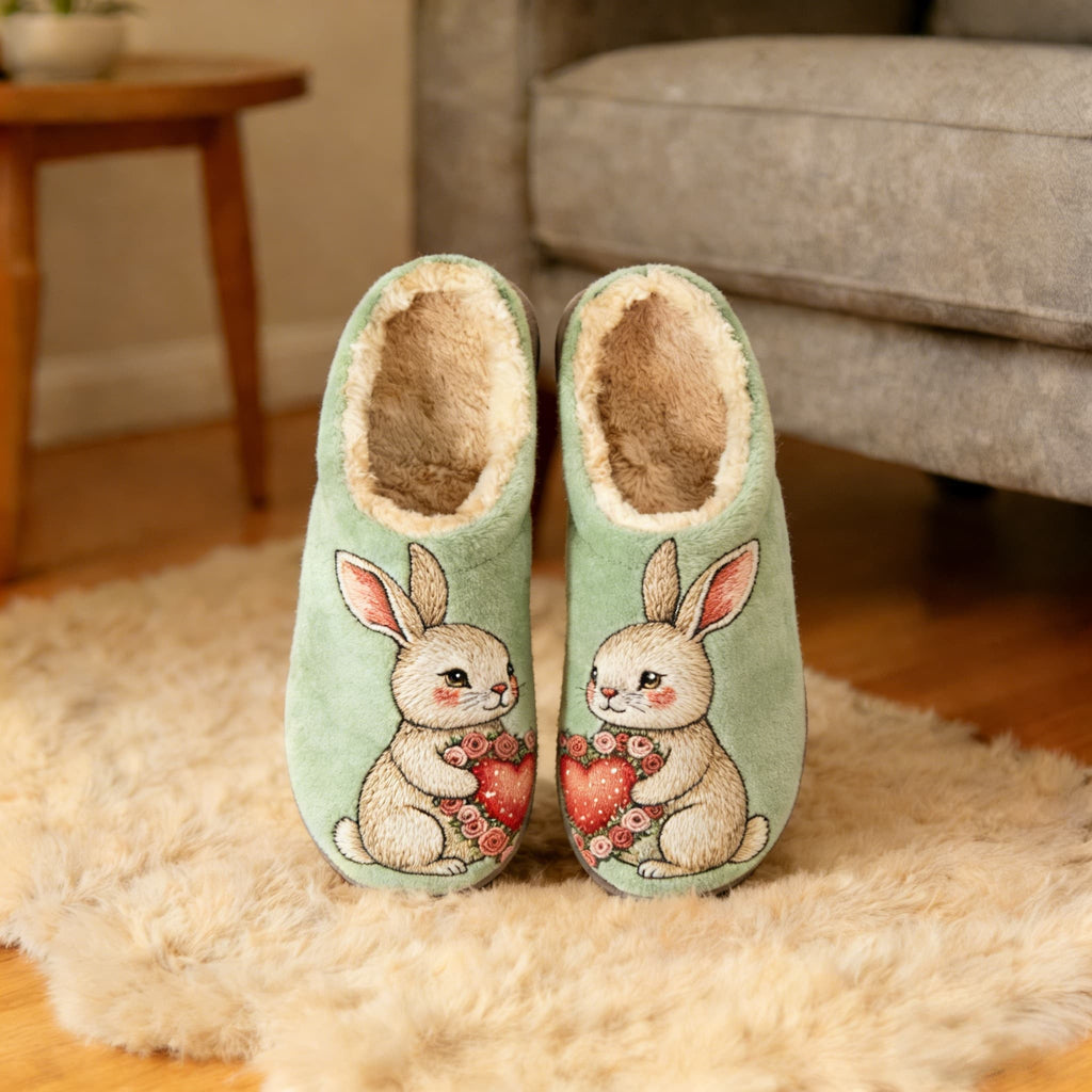 Sage Bunny Heart Bouquet Embroidery Plush Printed Slippers