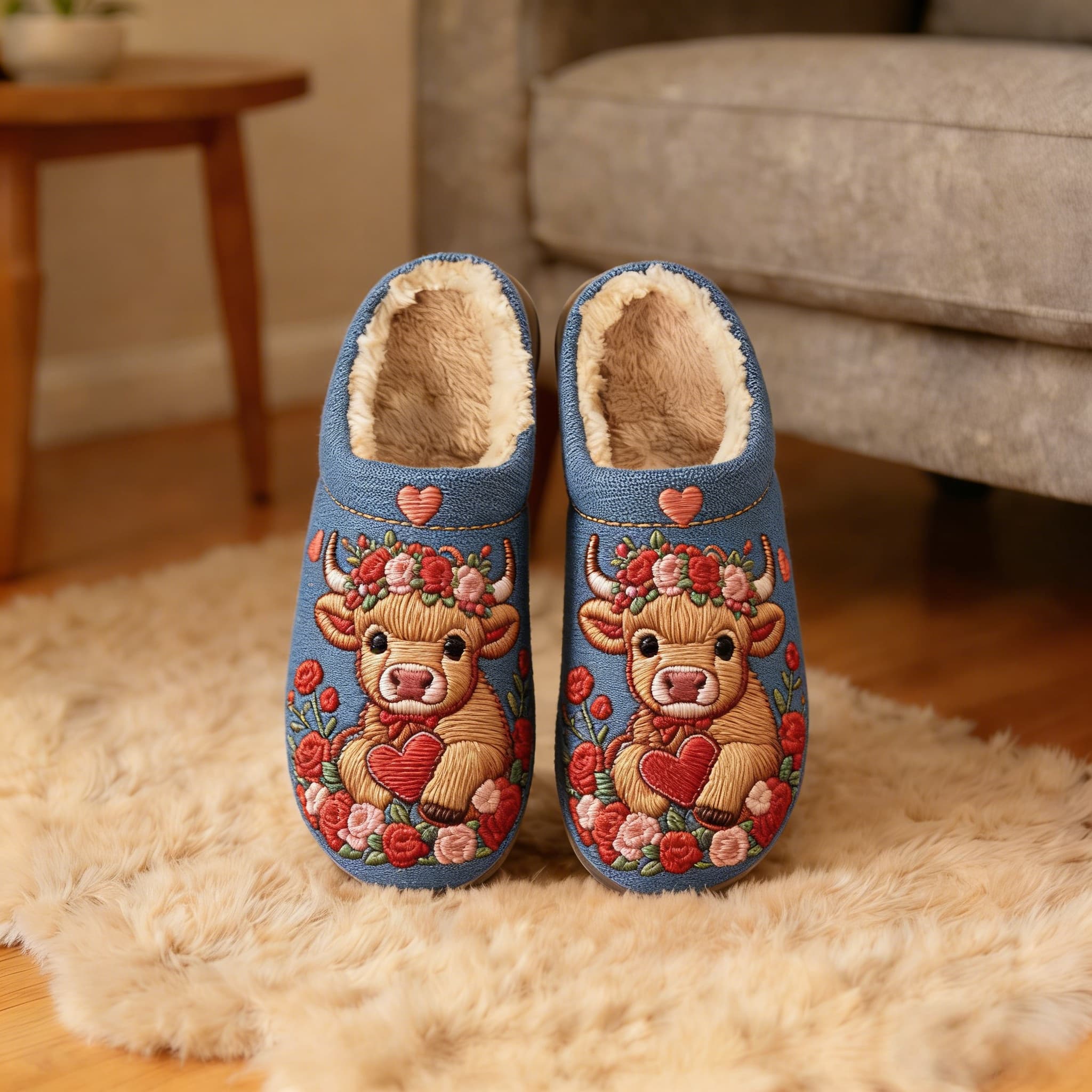 Navy Floral Crown Cow Heart Embroidery Plush Printed Slippers