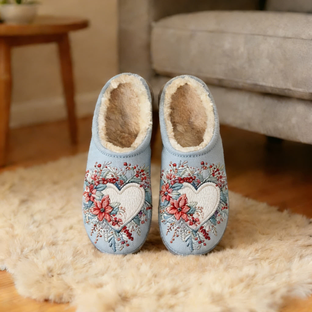 Pale Blue Poinsettia Heart Embroidery Plush Printed Slippers