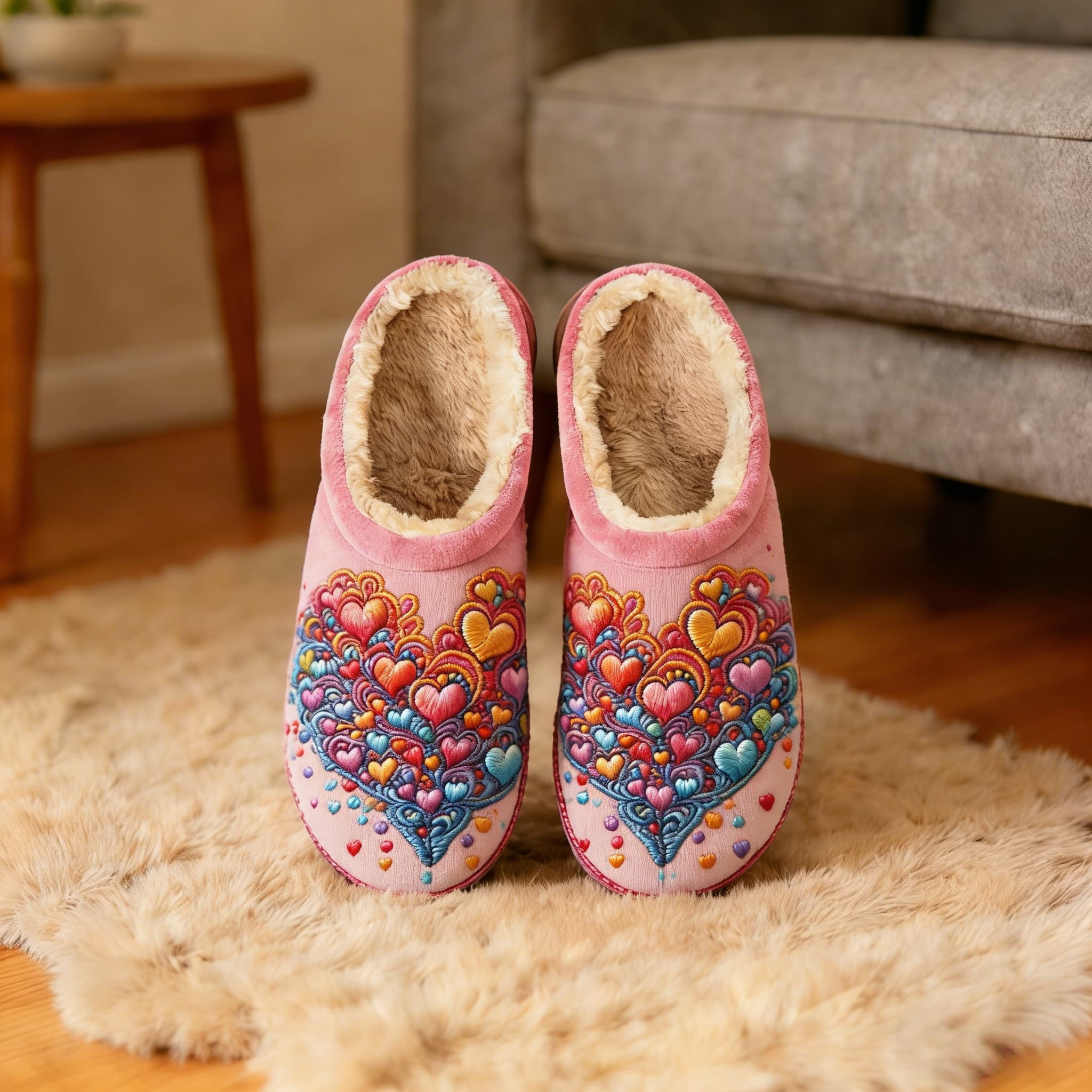 Pastel Pink Rainbow Heart Embroidery Plush Printed Slippers