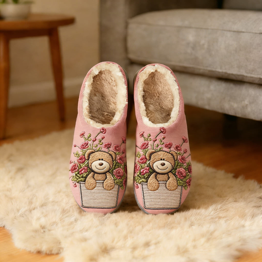 Blush Teddy Bear Flower Pot Embroidery Plush Printed Slippers