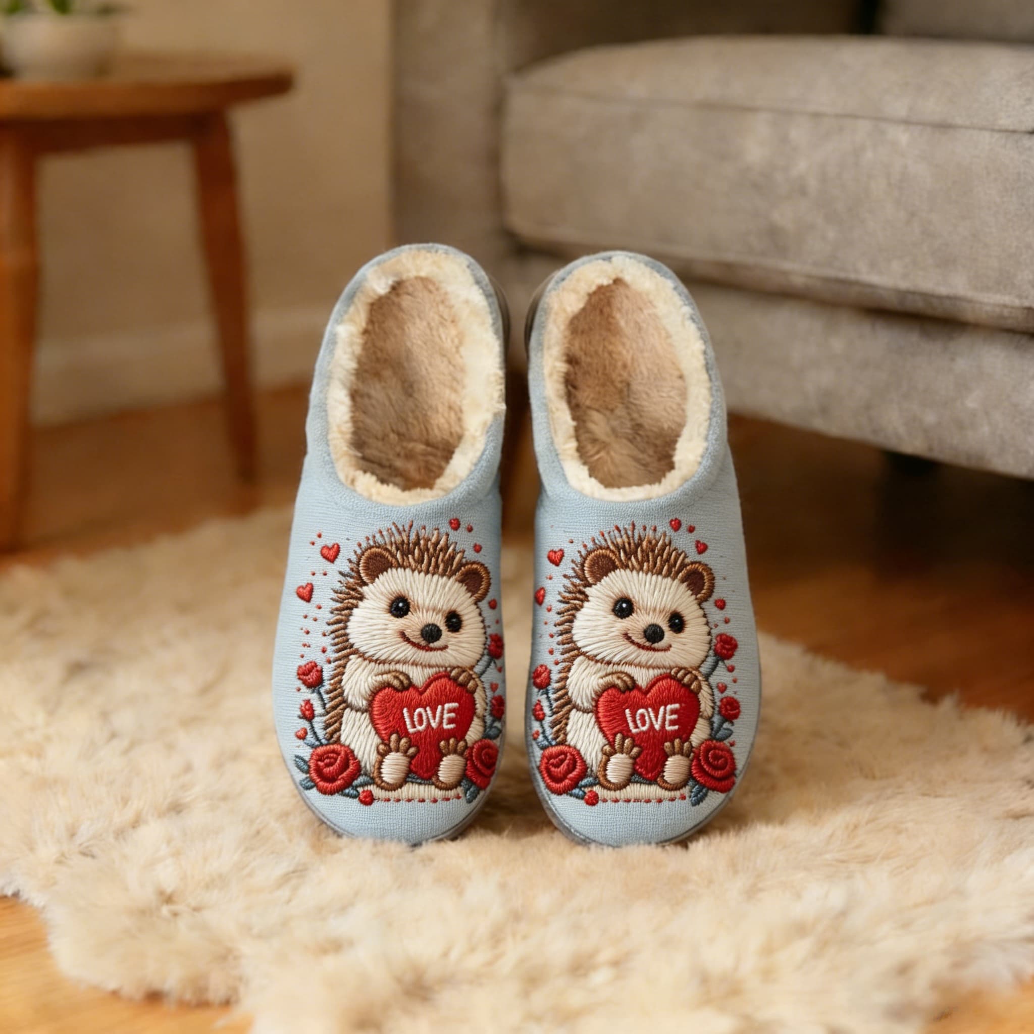 Soft Blue Hedgehog Love Heart Embroidery Plush Printed Slippers