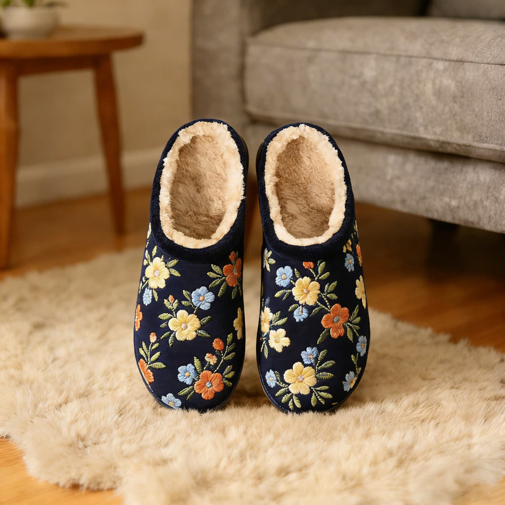Cozy Navy Floral Embroidery Plush Printed Slippers