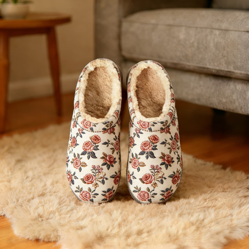 Vintage Rose Print Embroidery Plush Printed Slippers