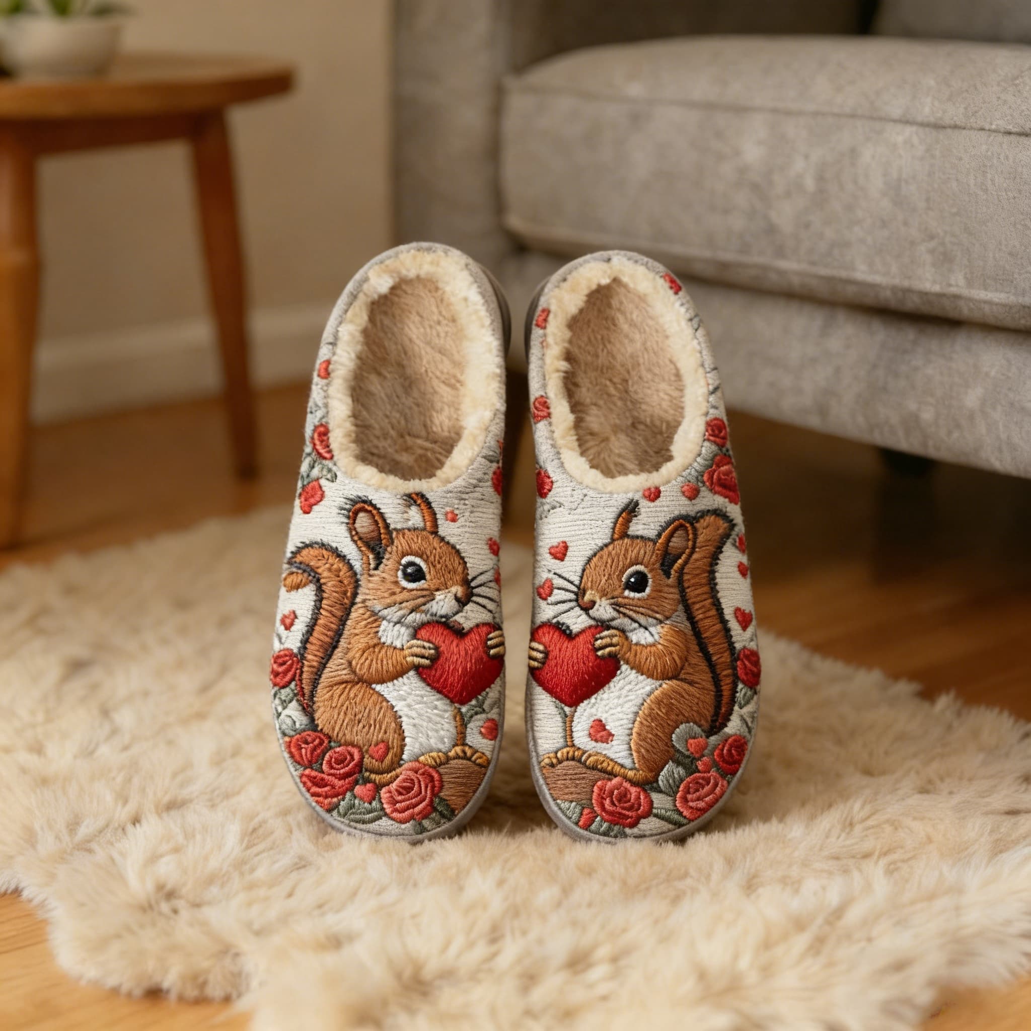 Squirrel Heart Bouquet Embroidery Plush Printed Slippers