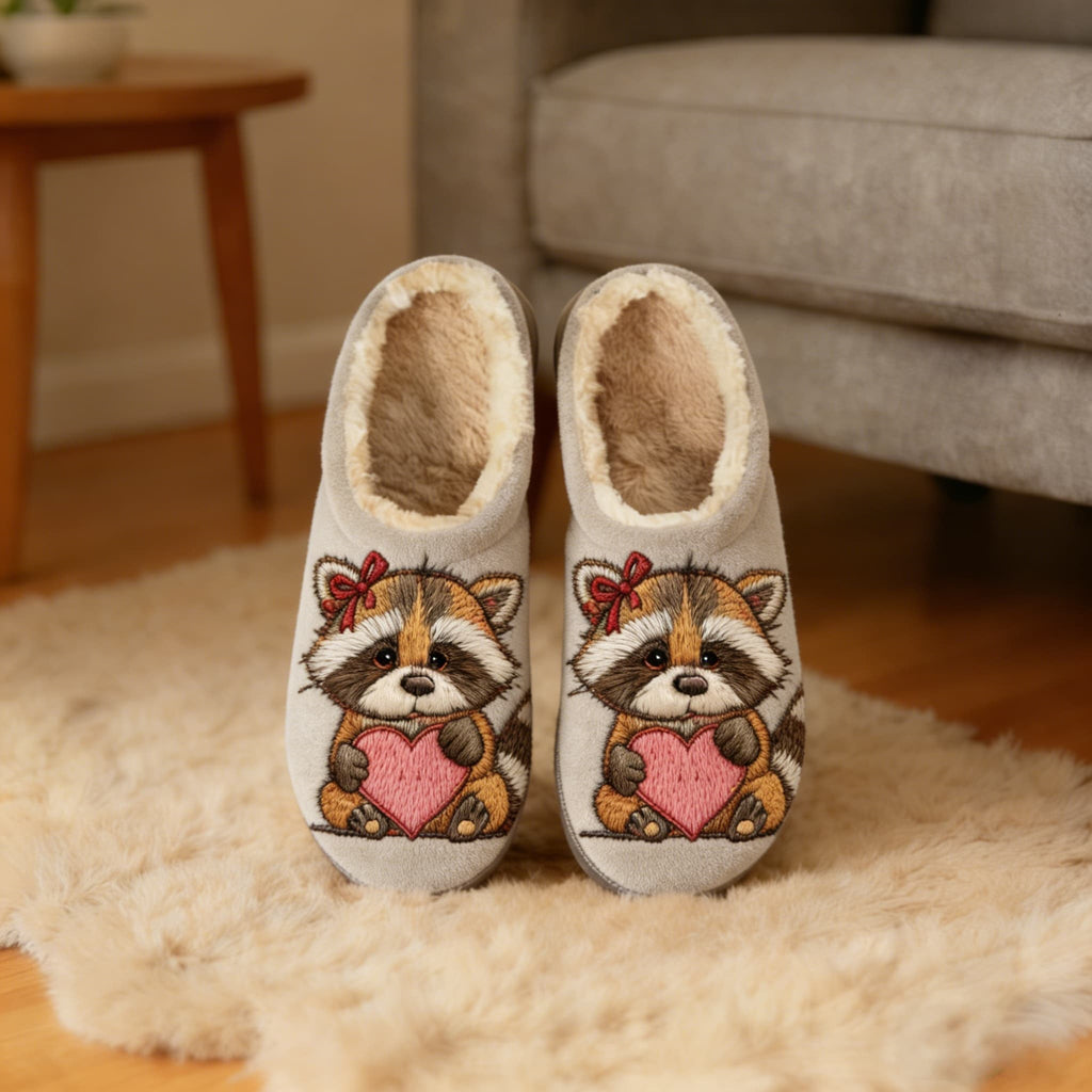 Raccoon Bow & Heart Embroidery Plush Printed Slippers