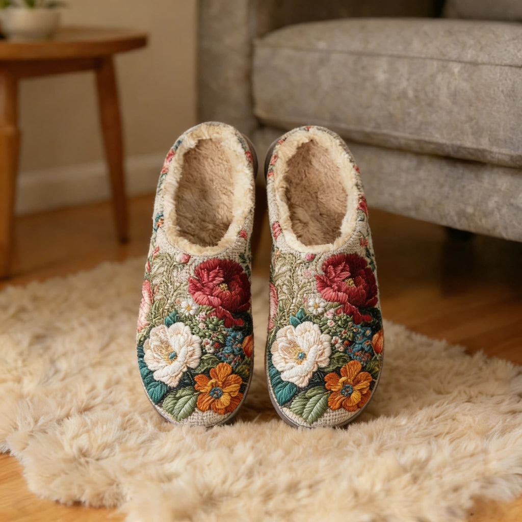 Botanical Garden Floral Embroidery Plush Printed Slippers