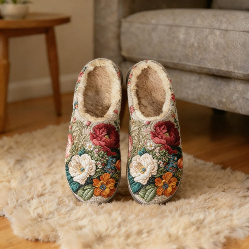 Botanical Garden Floral Embroidery Plush Printed Slippers