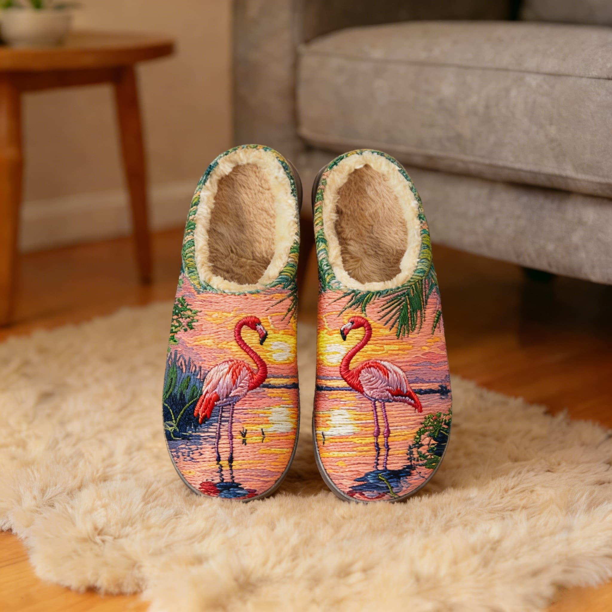 Flamingo Sunset Scene Embroidery Plush Printed Slippers