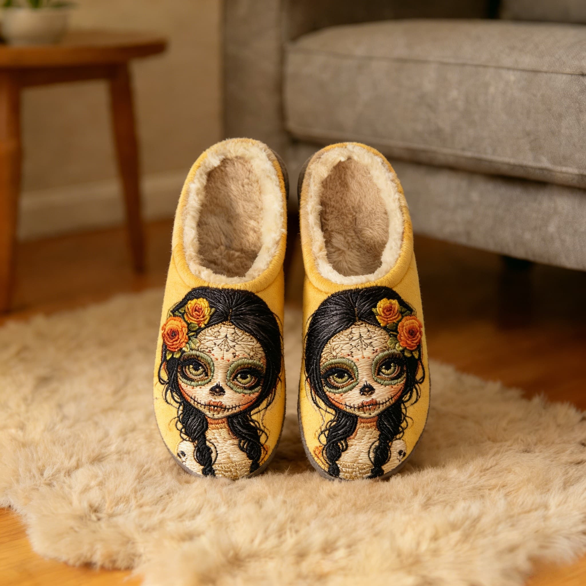 Sugar Skull Floral Embroidery Plush Printed Slippers