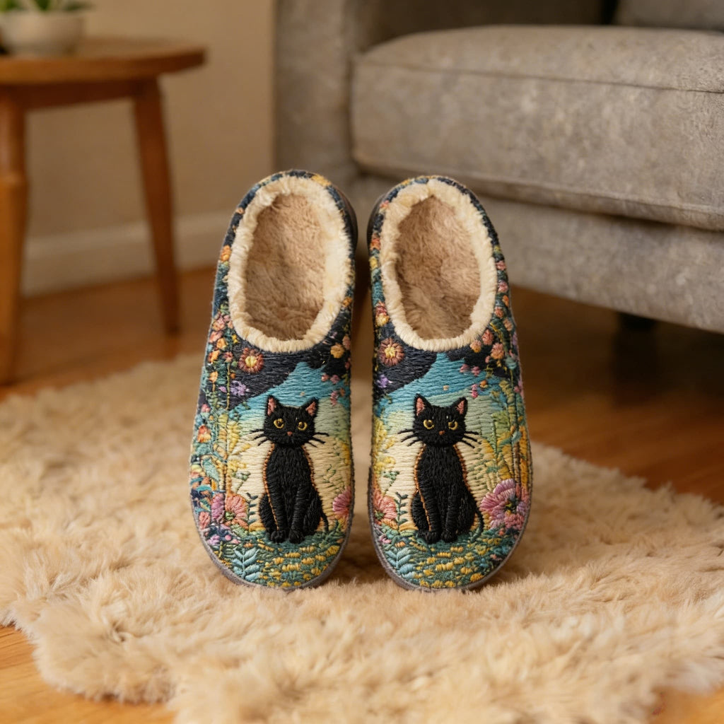 Black Cat Garden Embroidery Plush Printed Slippers