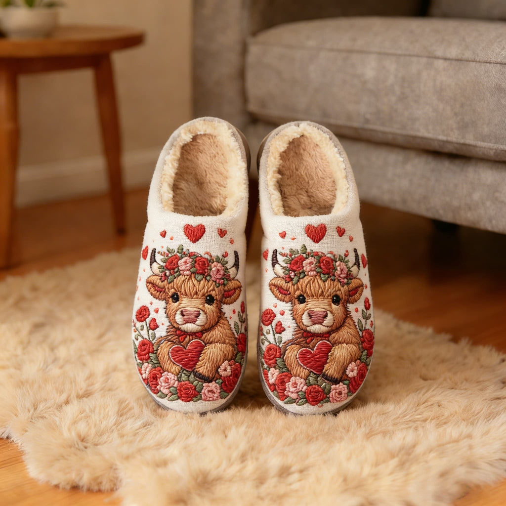 White Floral Crown Highland Cow Heart Embroidery Plush Printed Slippers