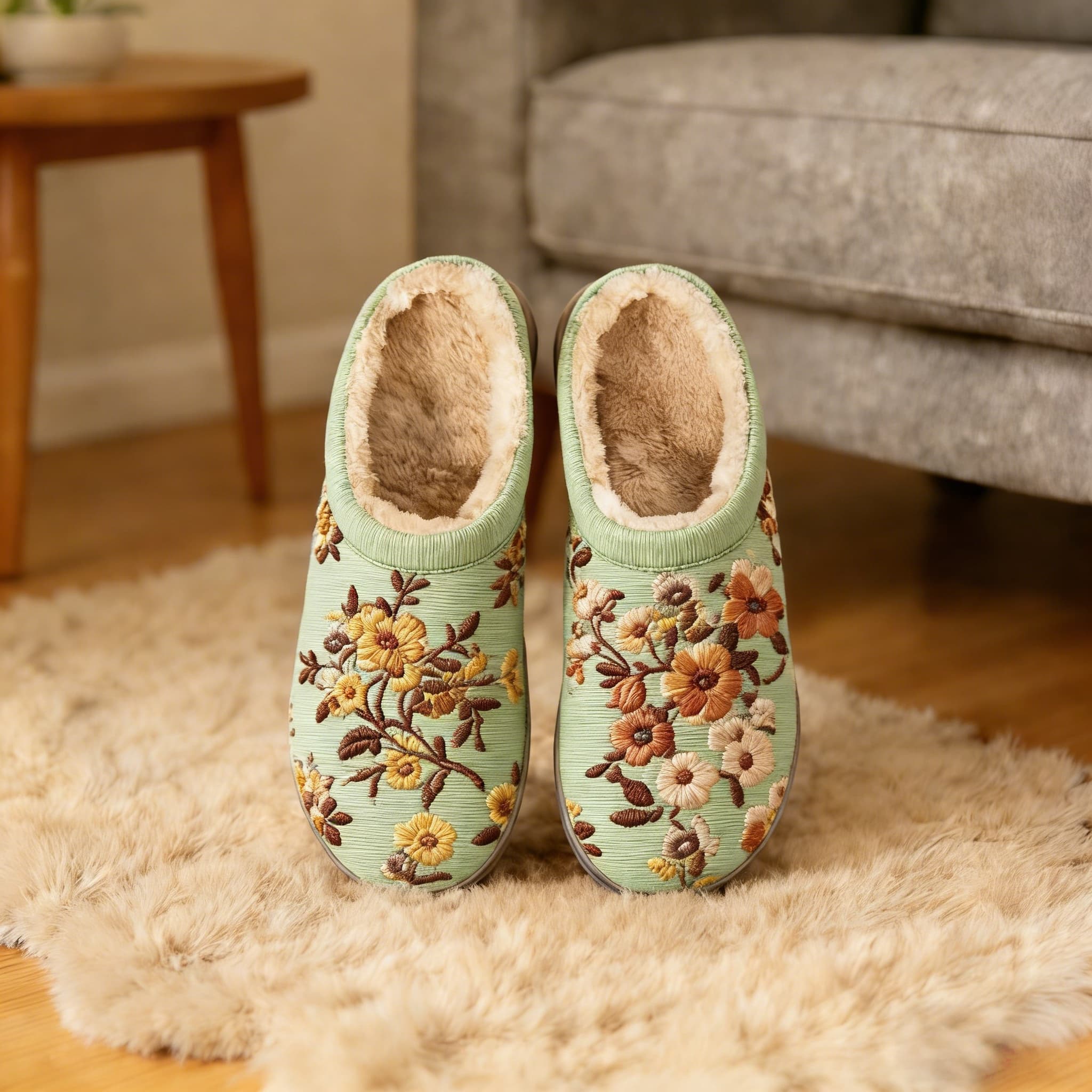 Garden Breeze Light Green Floral Embroidery Plush Printed Slippers