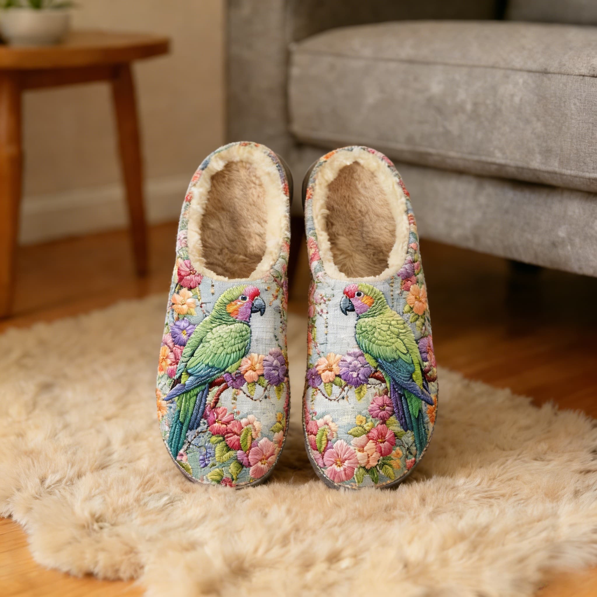 Tropical Parrot Floral Embroidery Plush Printed Slippers