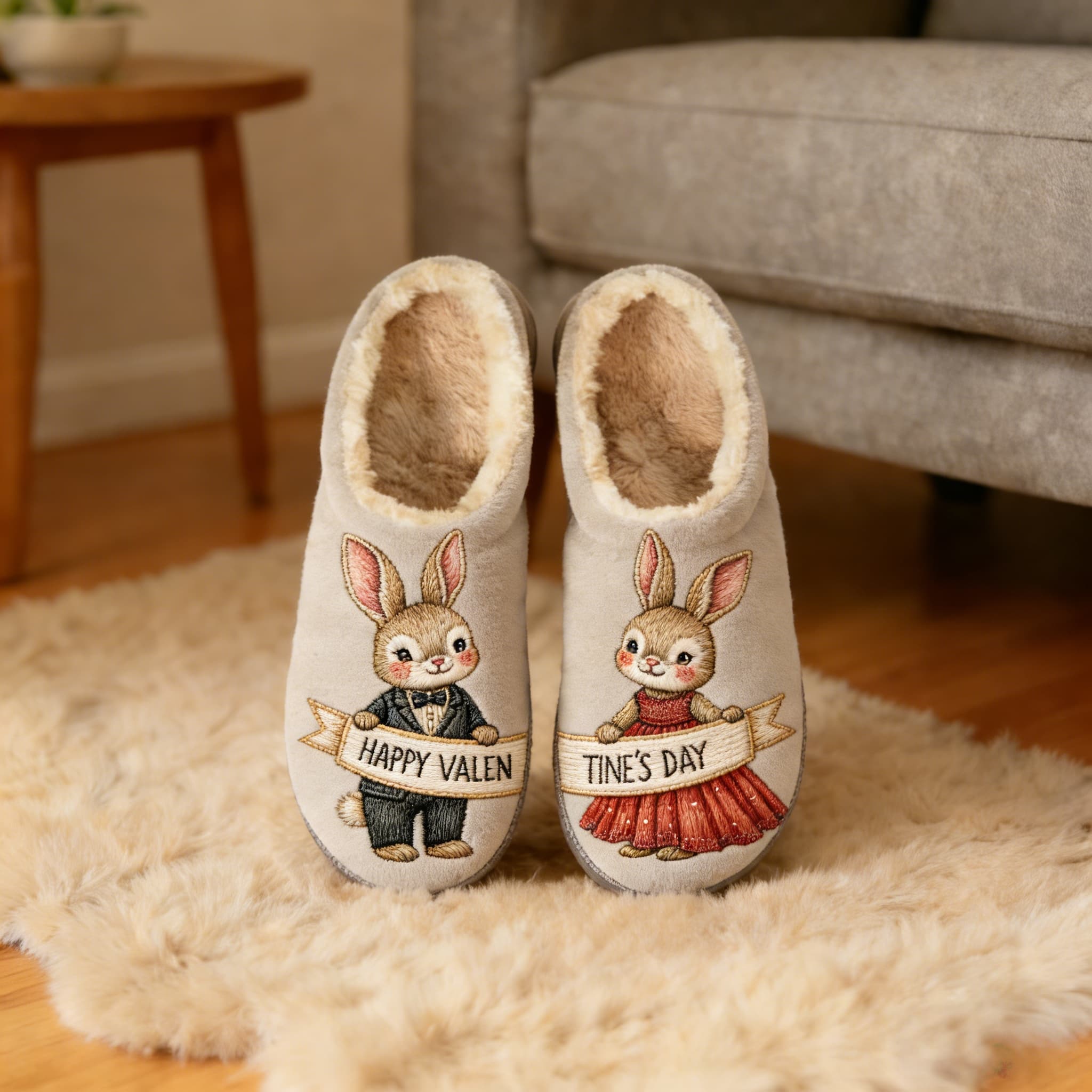 Valentine Bunny Couple Embroidery Plush Printed Slippers