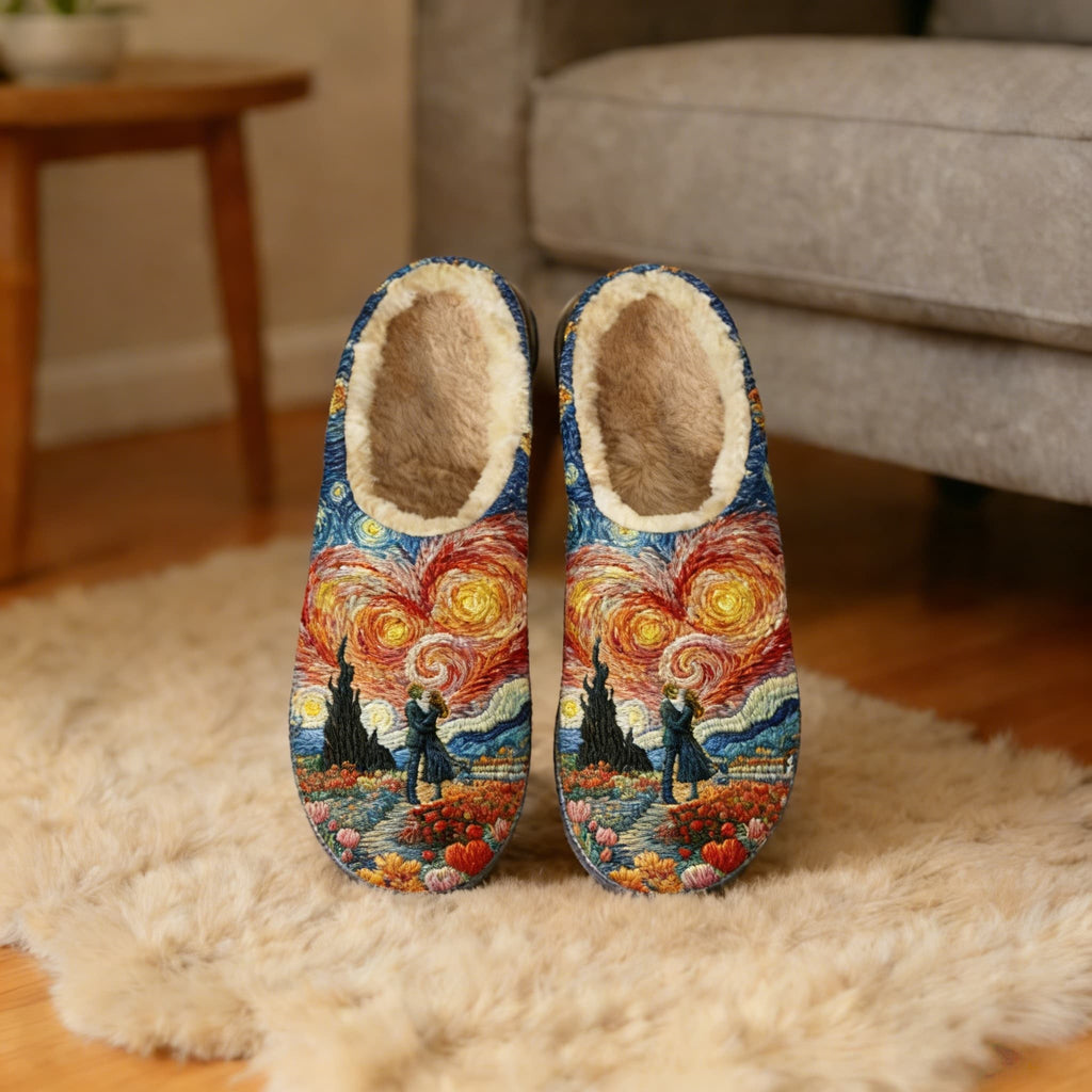 Starry Night Couple Embroidery Plush Printed Slippers