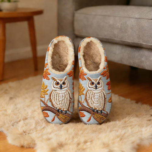 Autumn Owl & Leaf Embroidery Plush Printed Slippers