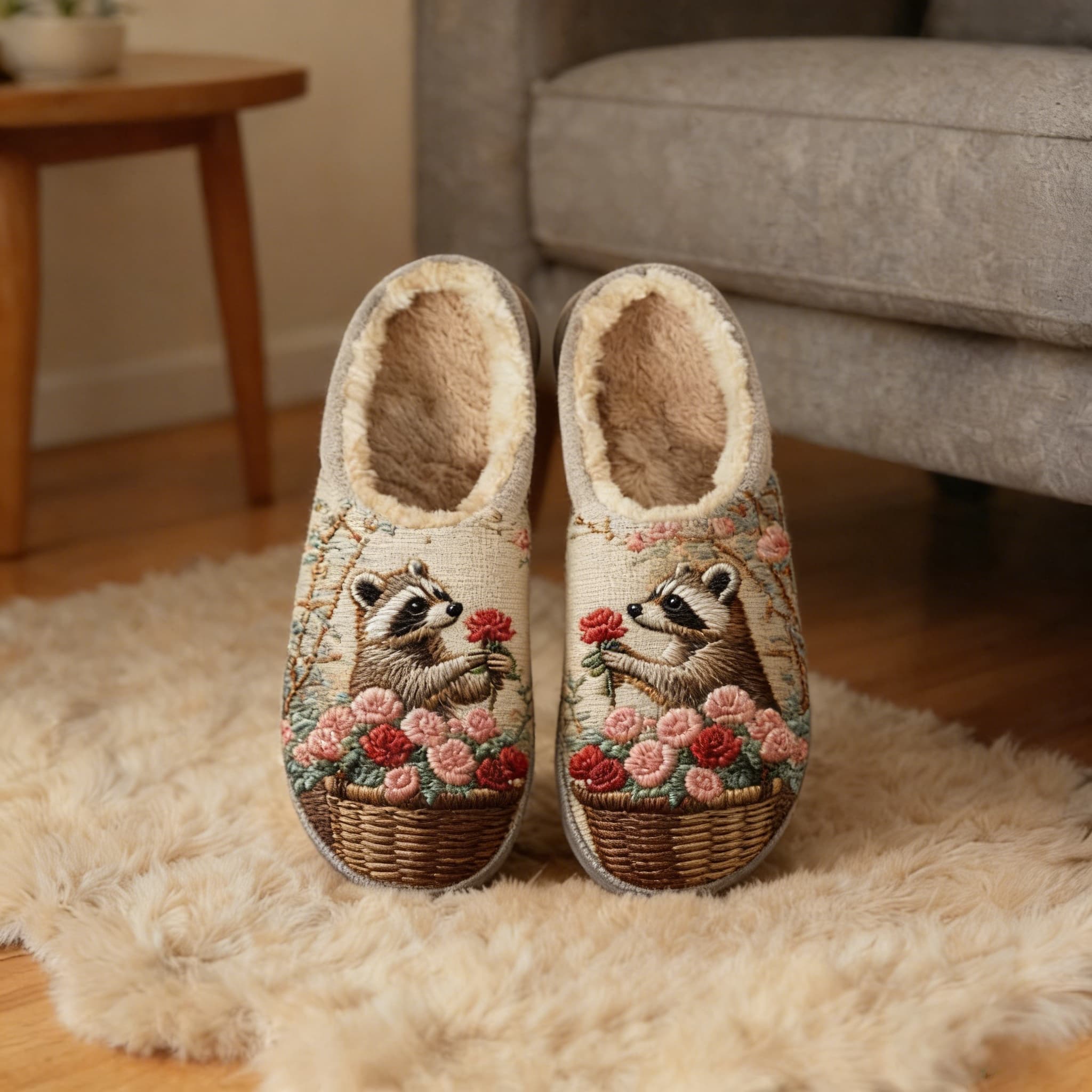 Raccoon Flower Basket Couple Embroidery Plush Printed Slippers