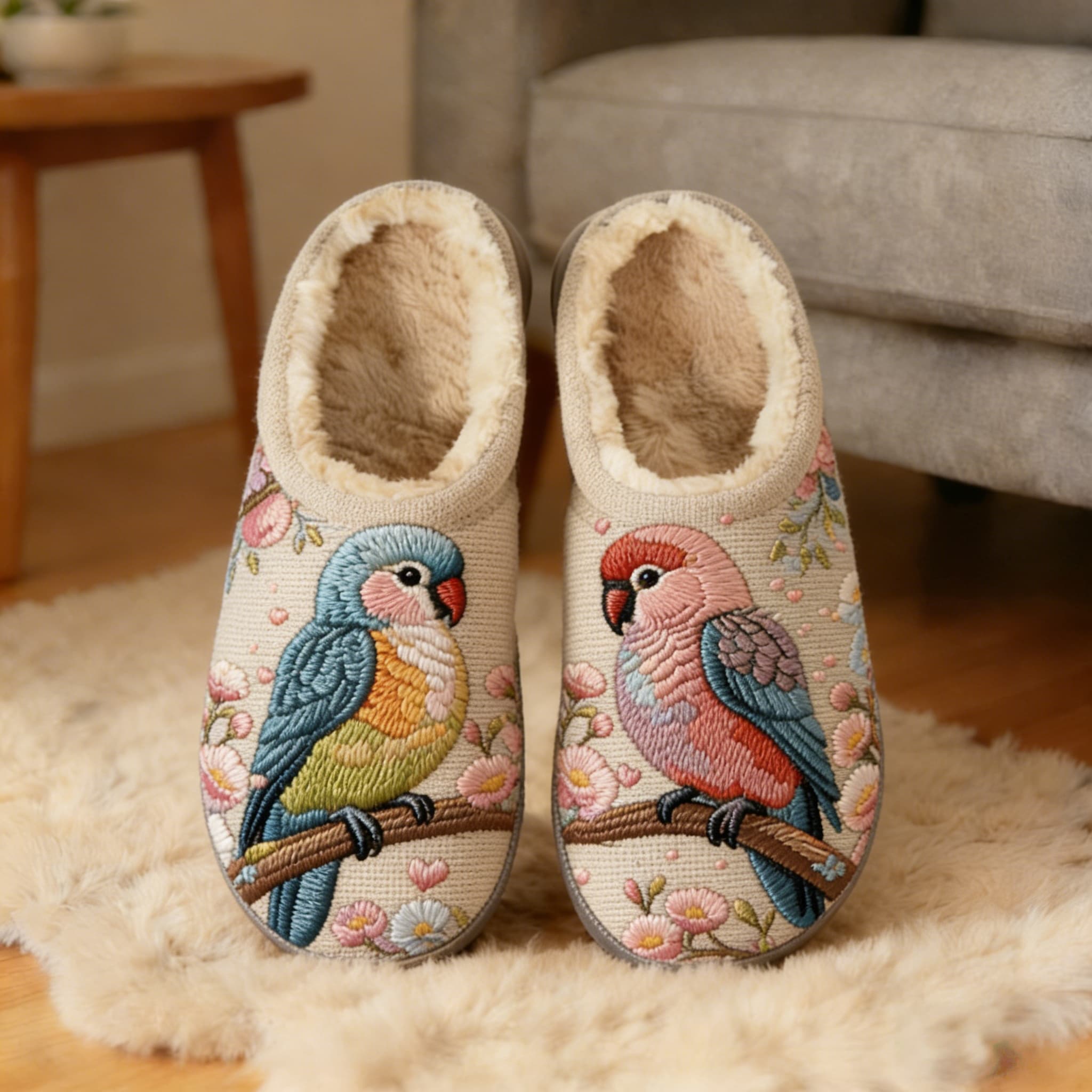Soft Beige Parrot Couple Embroidery Plush Printed Slippers