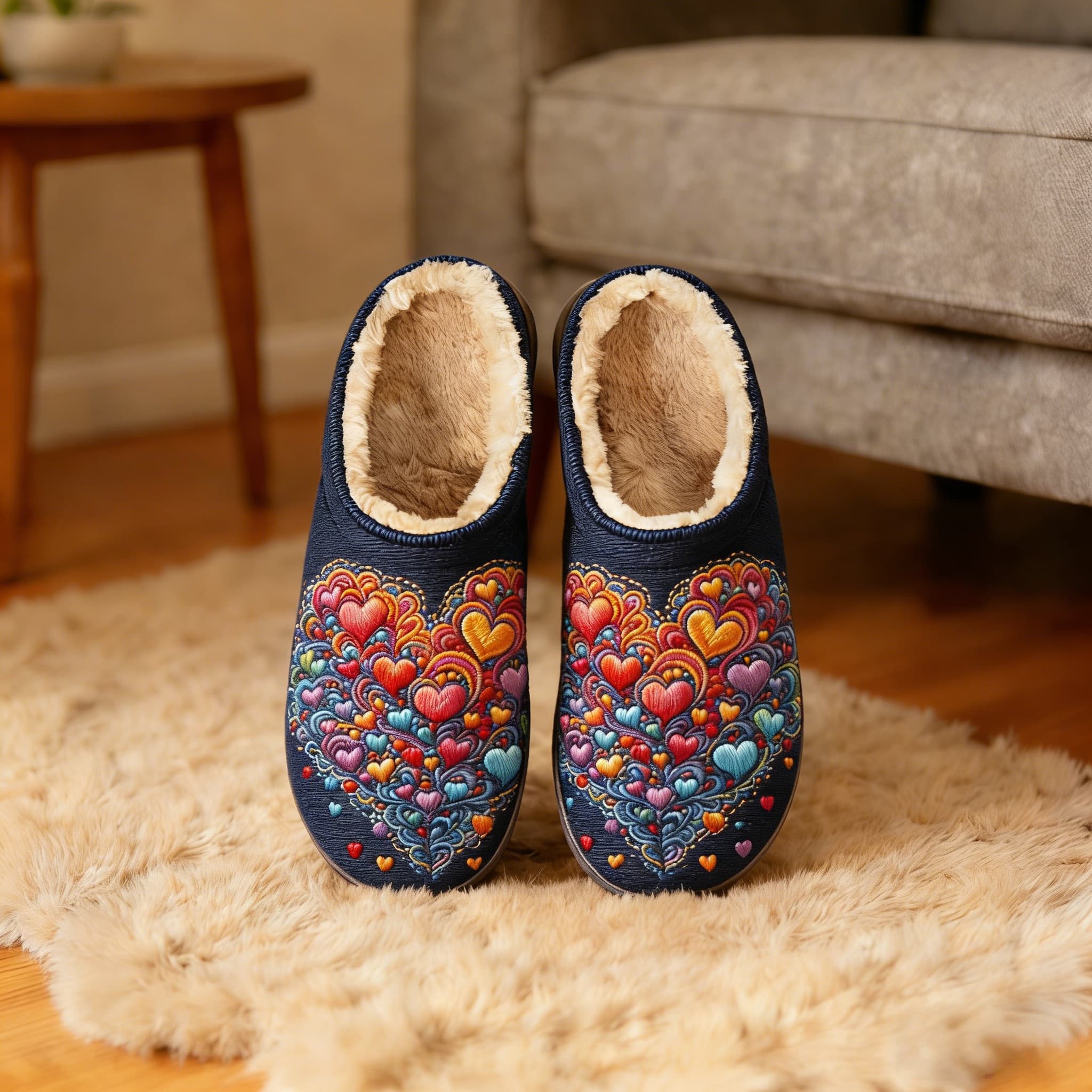 Navy Rainbow Heart Embroidery Plush Printed Slippers
