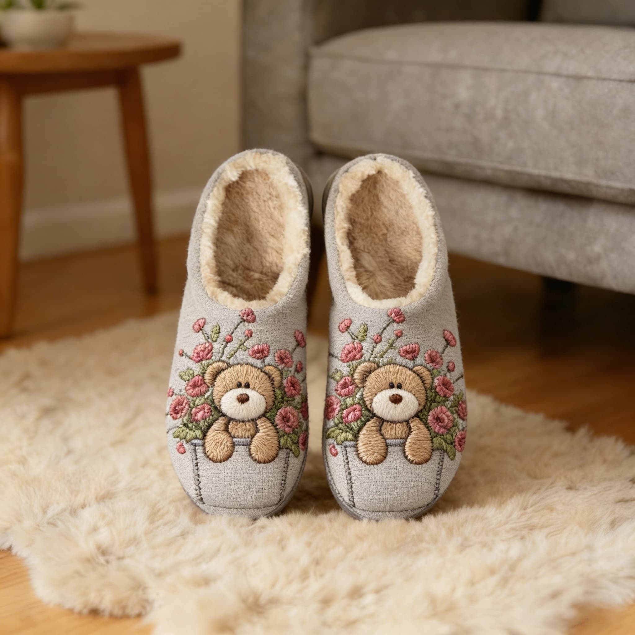 Teddy Bear Flower Pot Embroidery Plush Printed Slippers