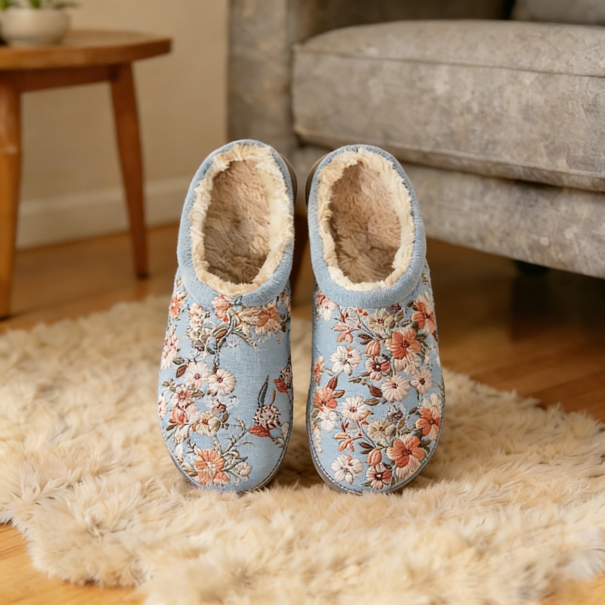Blush & Sky Blue Floral Embroidery Plush Printed Slippers