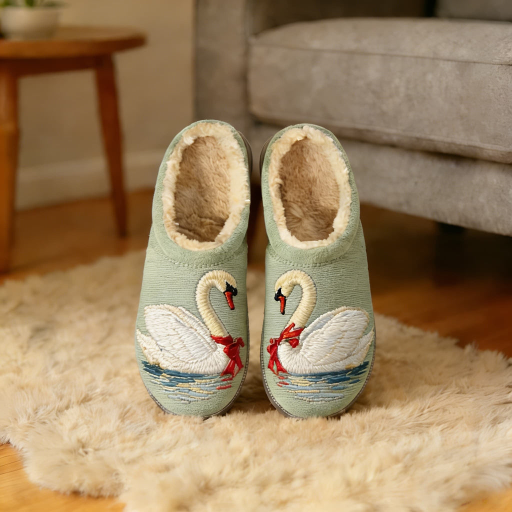Sage Swan Ribbon Couple Embroidery Plush Printed Slippers