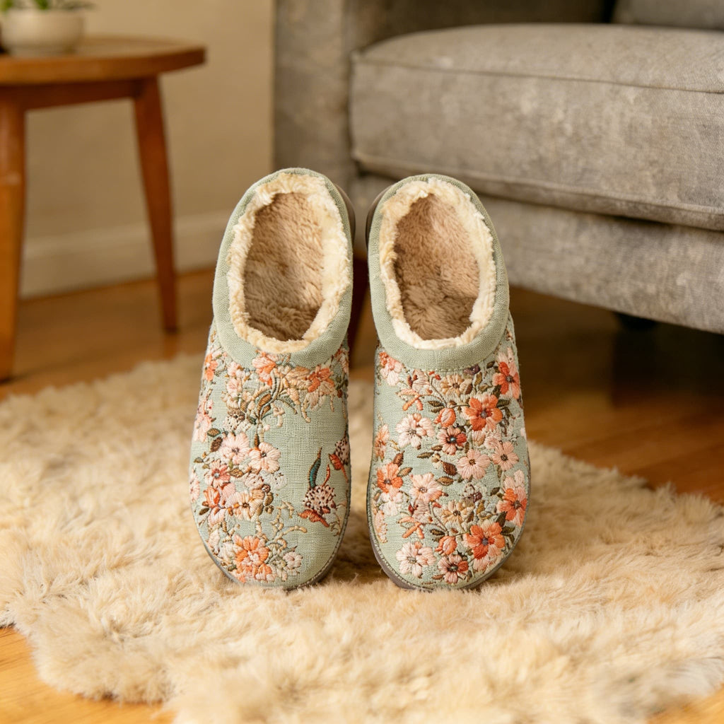 Sage & Blush Floral Embroidery Plush Printed Slippers