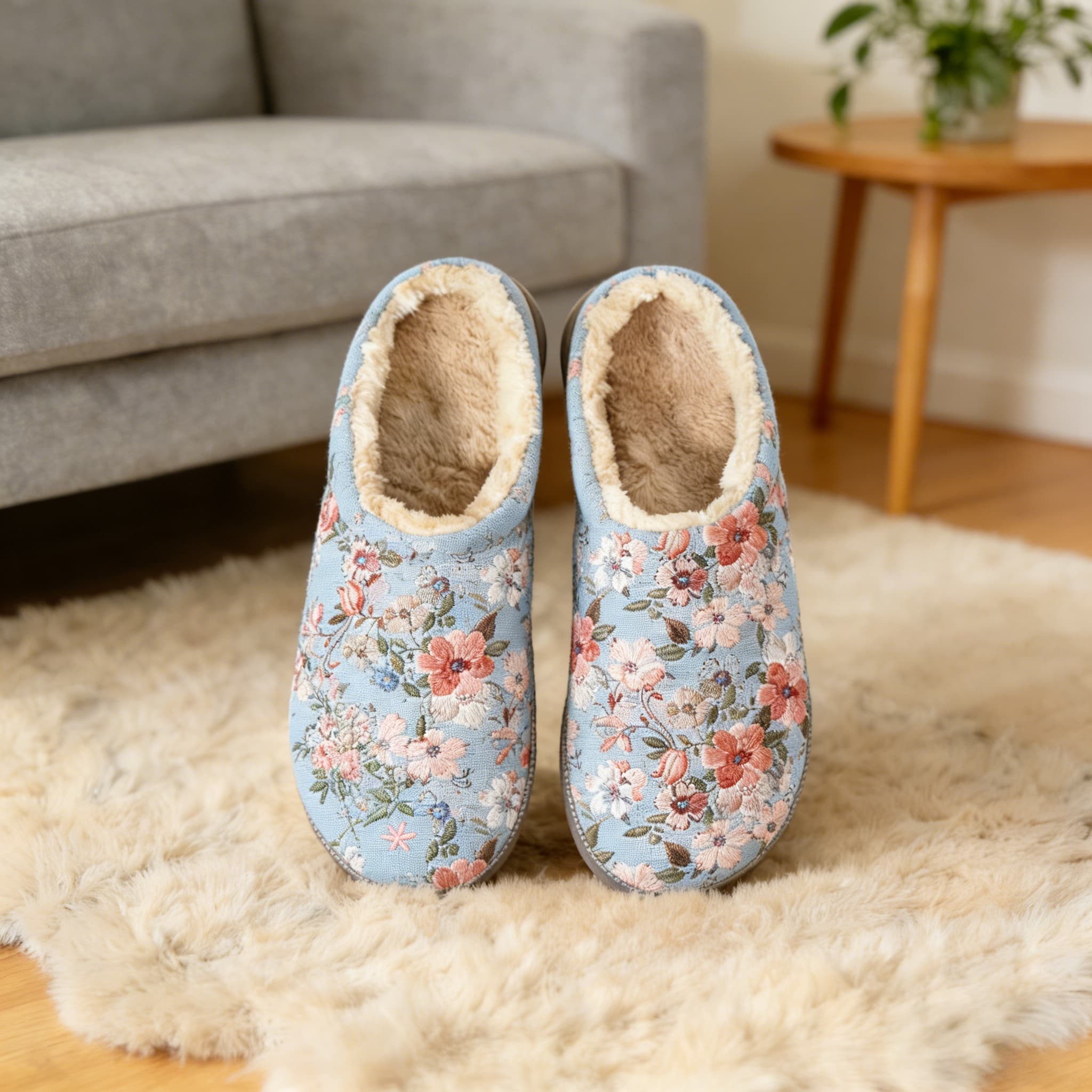 Soft Blue Botanical Embroidery Plush Printed Slippers