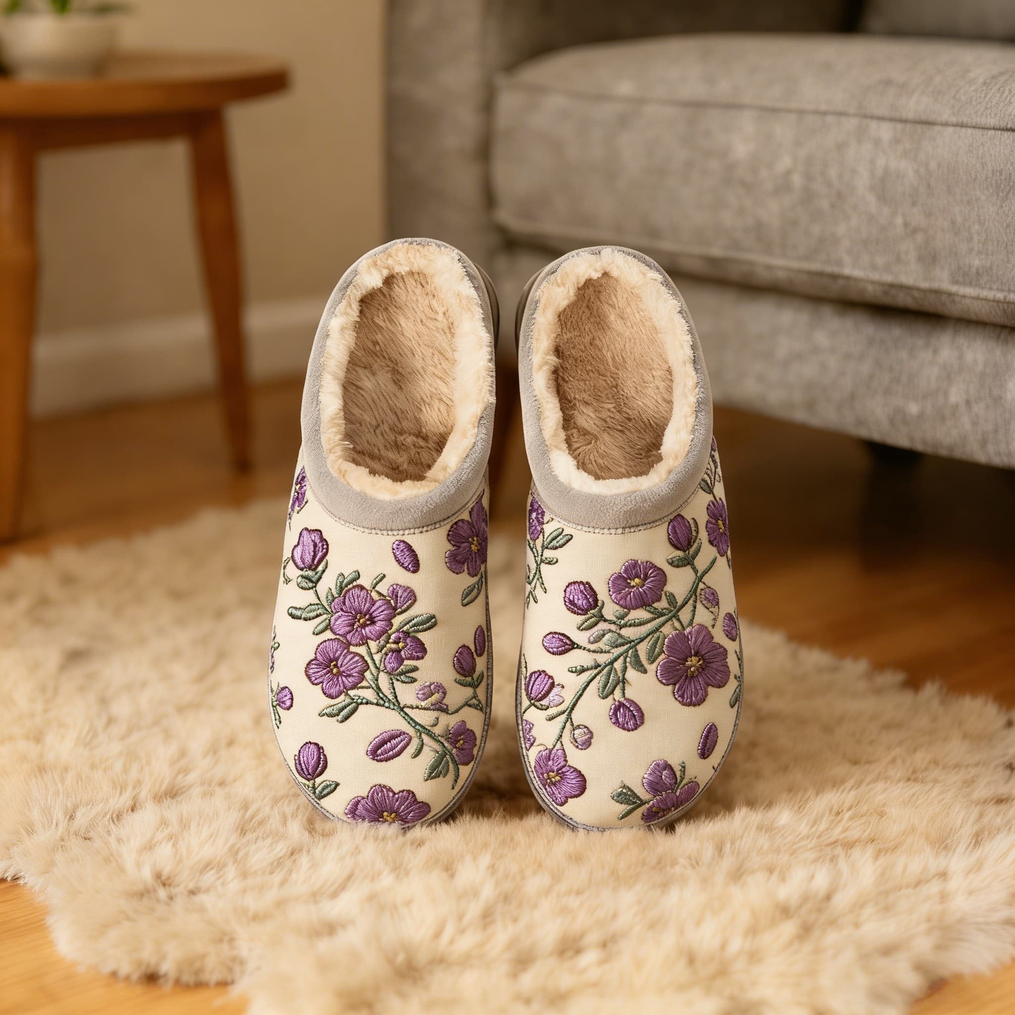 Lavender Bloom Beige Embroidery Plush Printed Slippers