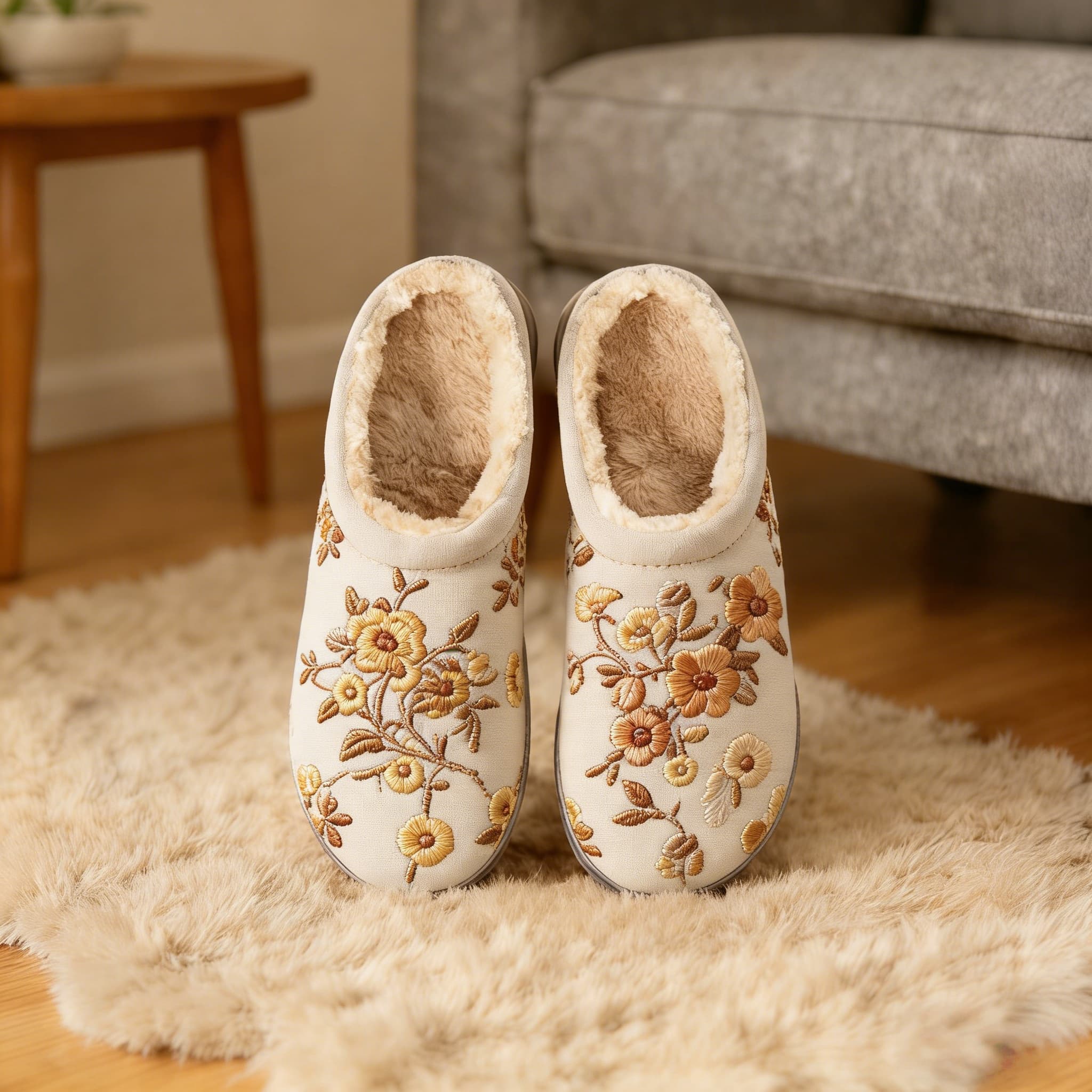 Golden Petal Cream Floral  Embroidery Plush Printed Slippers