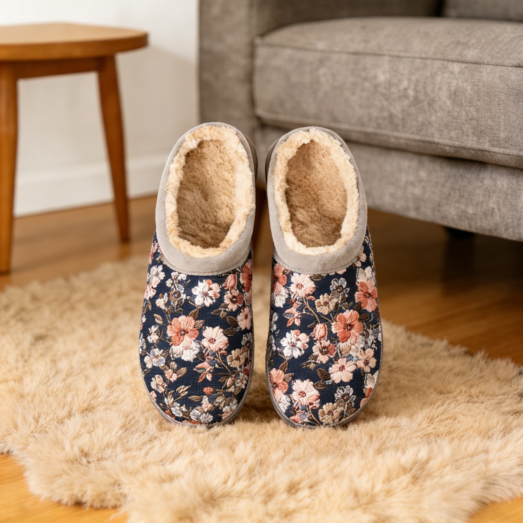 Navy Vintage Floral Embroidery Plush Printed Slippers