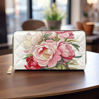 Peony Embroidery Van Quilted Wallet