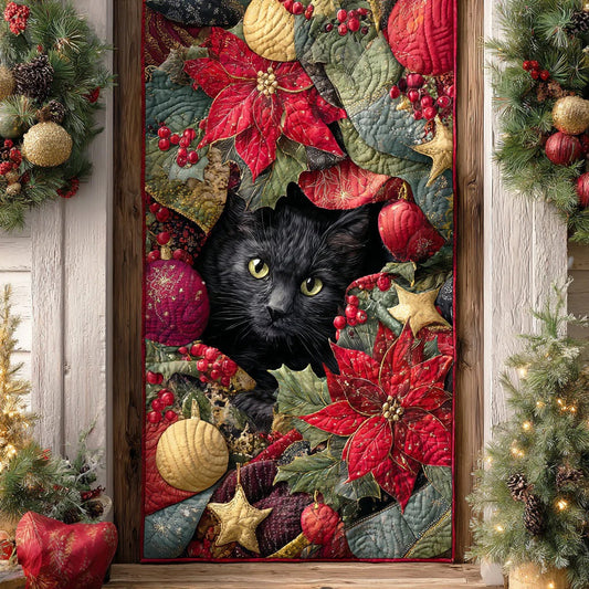 Black Cat Holly Night Quilted Door Cover